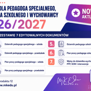 Zestaw plany pracy i wpisy do dziennika: pedagog specjalny, pedagog szkolny, wychowawca pomoc pp, SOM, notatki, protokoły