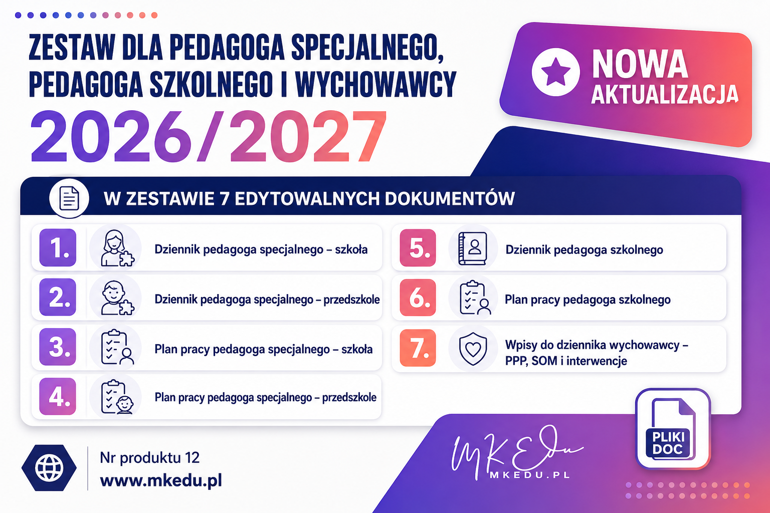 Zestaw plany pracy i wpisy do dziennika: pedagog specjalny, pedagog szkolny, wychowawca pomoc pp, SOM, notatki, protokoły