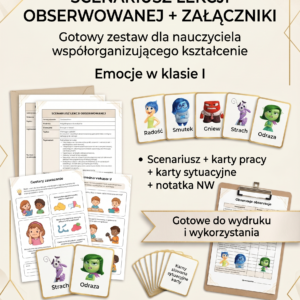 Scenariusz lekcji obserwowanej dla klasy 1 SP (w tym uczniowie w spektrum autyzmu) inspirowany bajką „W głowie się nie mieści”.